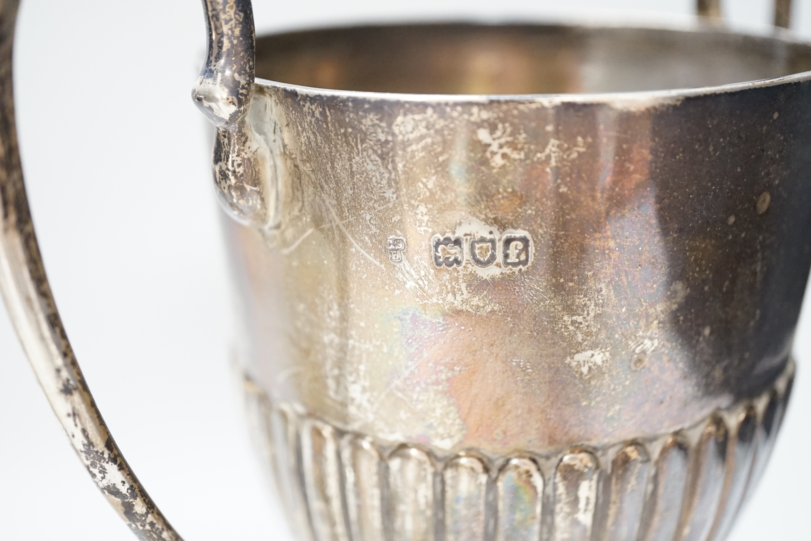 An Edwardian two handled silver trophy cup with demi fluted body, London 1901, 25.5cm, 358 grams